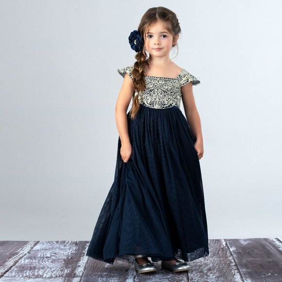Elegant Navy Blue Kids Formal Dress - Picture 1 of 5